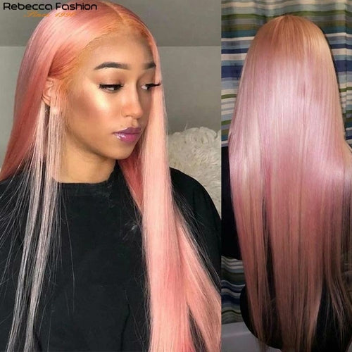 Remy Hair Long Pink Straight Human Hair Wig Peruvian Transparent Lace