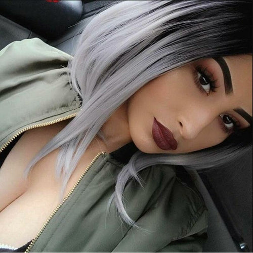 Ombre Short Straight Bob Synthetic Hair Two Tone Middle Part Cosplay