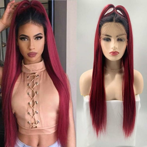 Fashion Long Straight Wine Red Hair Wig Synthetic Ombre Black to